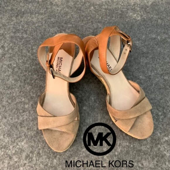 Michael Michael Kors Brown Tan Leather Suede Ankle Strap Peep Toe Wedge Sandals - Picture 1 of 12